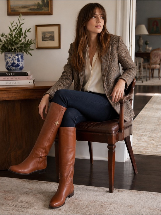 Tory Burch Shoes - Tory Burch Cognac Pebbled Leather Riding Boots Tall Knee High Logo 7M Brazil